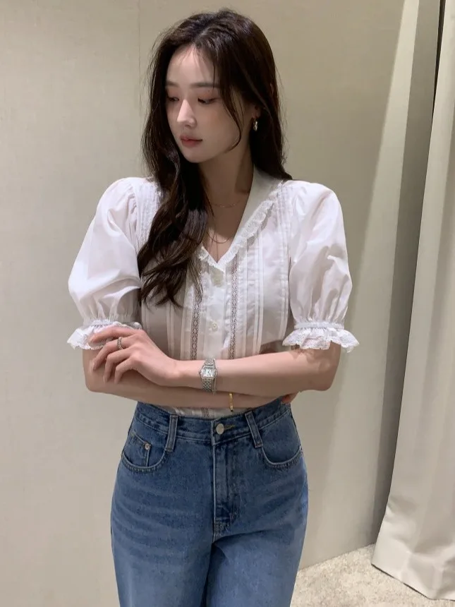 

Chic Ruffle Sve irt Women's Sweet Fitted Doll Collar Bubble Sve Pred Pleat Trendy Vertical Stripe Busin Casual ...