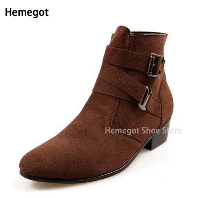 Brown Pointed Suede Buckle High Top Boots Men\'s New Plus-Size Black Leather Shoes Fashion Western Cowboy Boots Ankle Booties