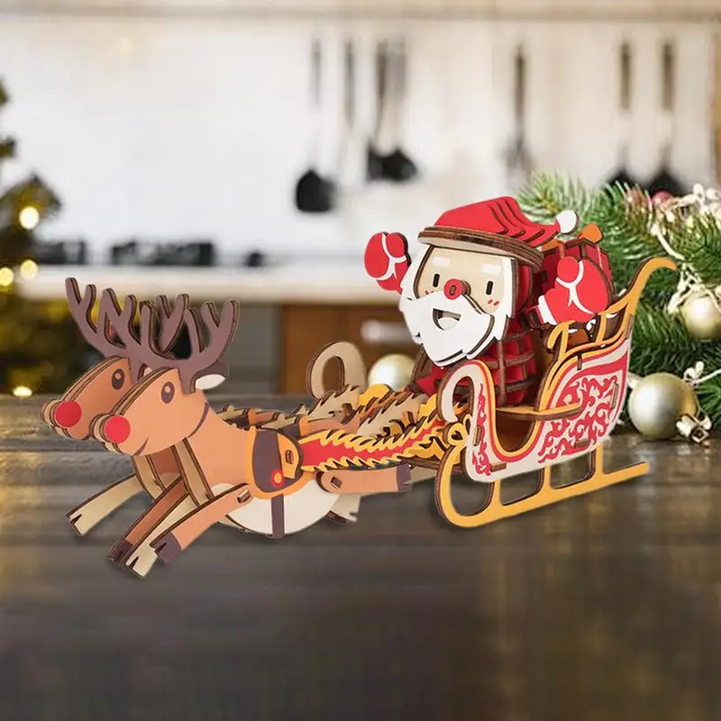 3D Wooden Puzzle Christmas Santa Elk Sleigh Model Assemble Game Christmas Puzzle Wooden Jigsaw puzzle for Adults & Kids Festive