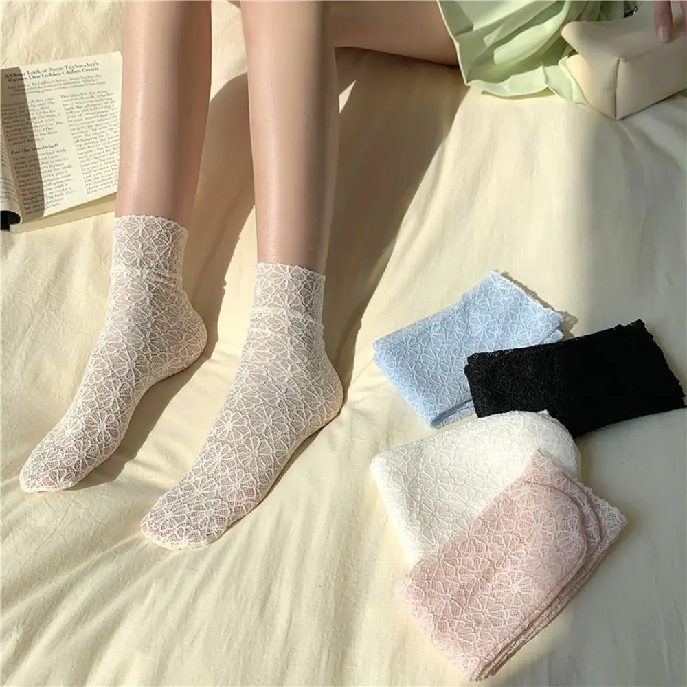 

Simple Breathable Flower Lolita Silk Cute Medium Tube Hosiery Lace Socks Women Pile Socks Solid Color