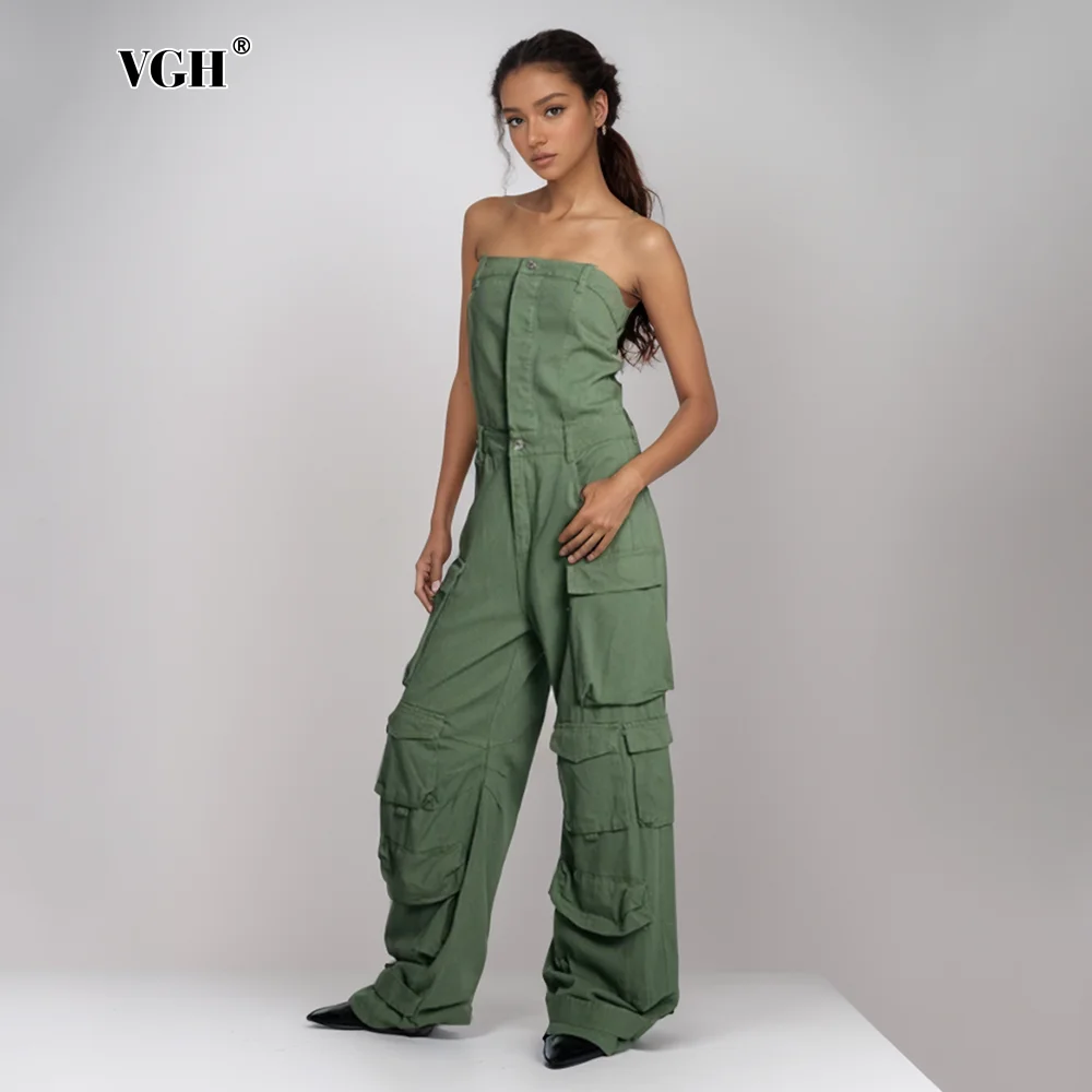 

VGH Streetwear Solid Patchwoek Buttons Cargo Jumpsuit For Women Strapless Sleeveless Spliced Pockets Jumpsuits Female New Autumn