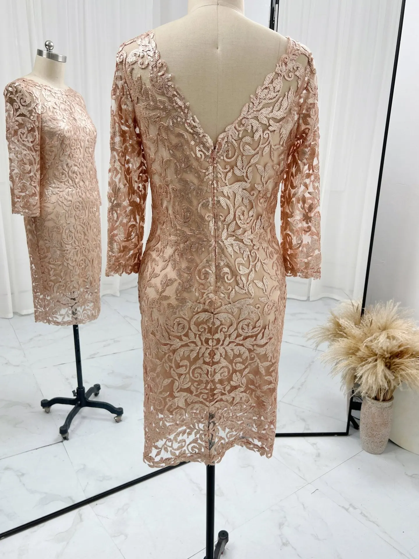 Rose Golden Elegant Long Sleeve Mid -Length Slim Night Dress M1543