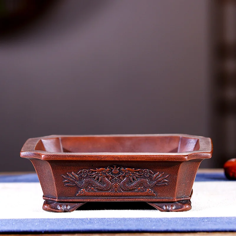 Purple Sand Bonsai Pot,Tradition Chinese Carved,Double Dargon Pattern,Garden Decoration