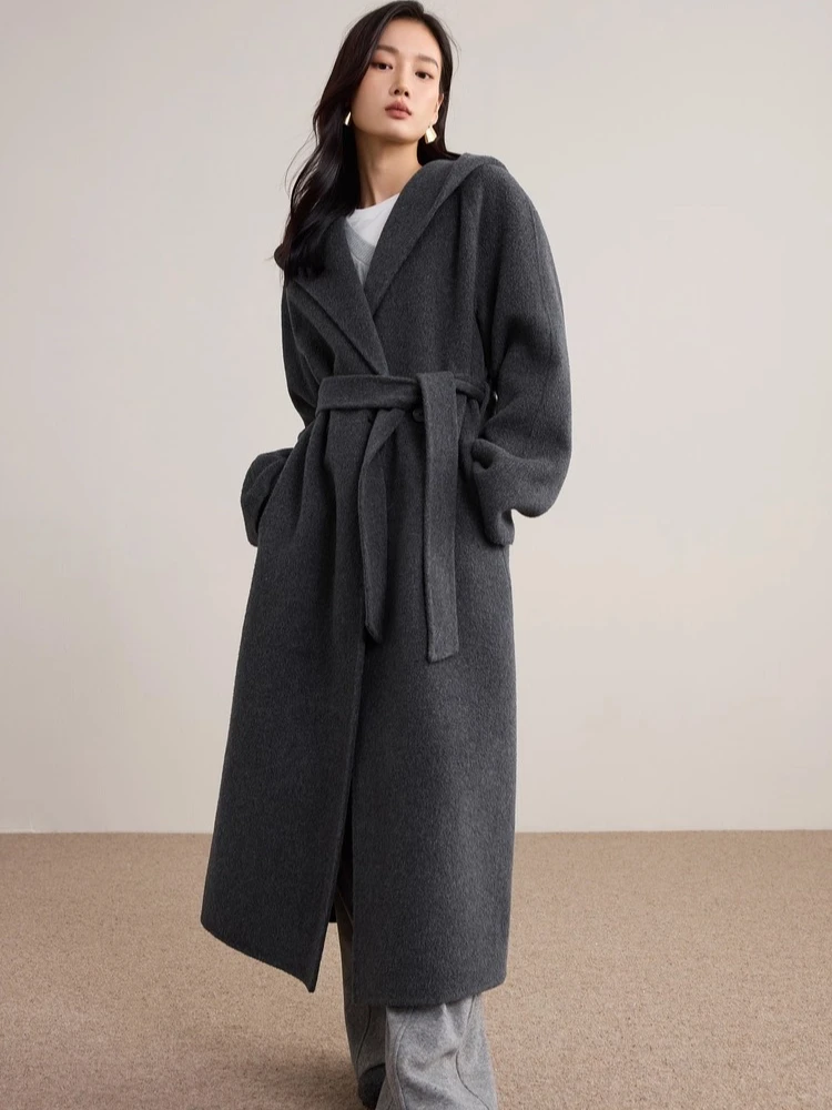 

SENTUBILA Women 100% Wool Double Faced Coat 2025 Winter Hooded Long Bathrobe Style Coat Warm Dropped Shoulder Overcoat W54OC2736