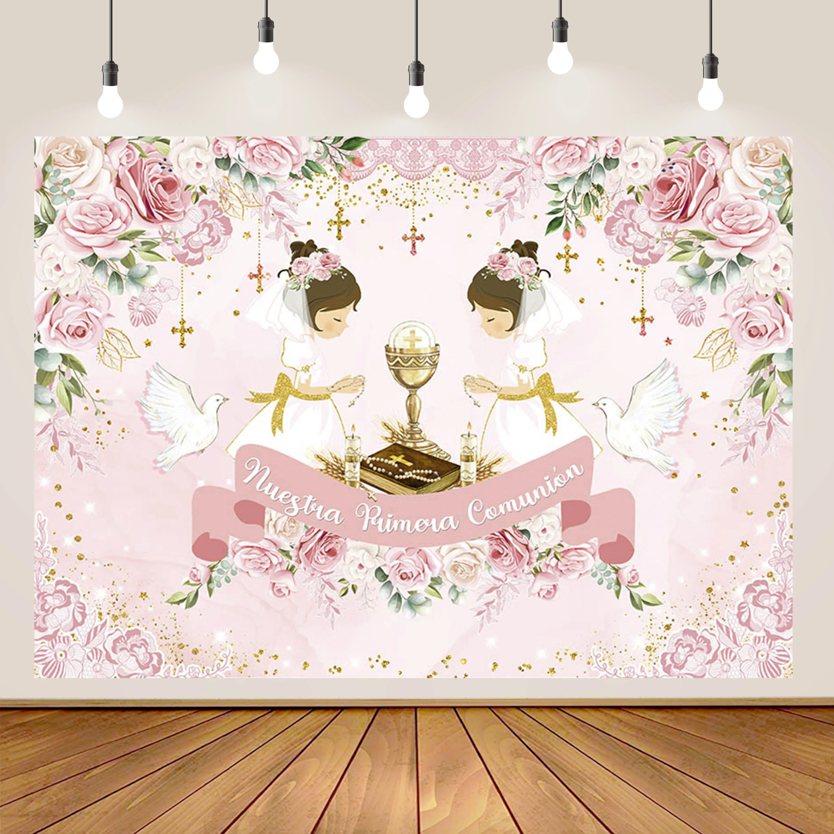 Girl Boy First Holy Communion Backdrop Flower Gold Cross God Bless Mi Primera Comunión Photography Background view 2