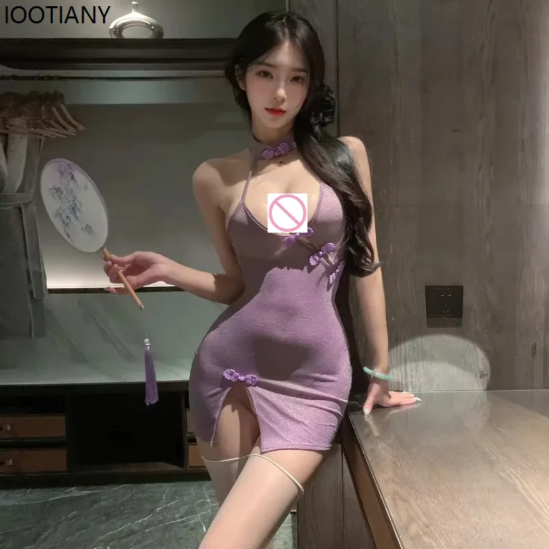 

,Sexy Deep V Purple Cheongsam Dress Women's See-through Nightdress Chinese Retro Costume Role Play Temptation Suspender Lingerie