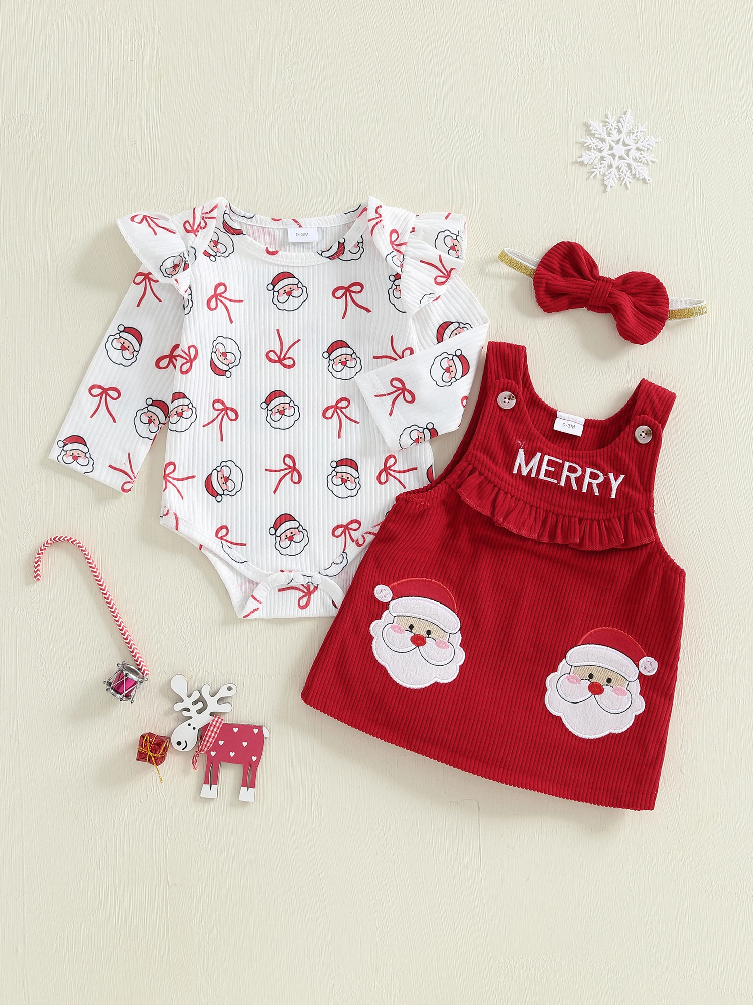 

Toddler Girl Holiday Outfit Red Reindeer Snowflake Christmas Tree Long Sleeve Romper Tutu Dress and Headband 3 Pcs Set