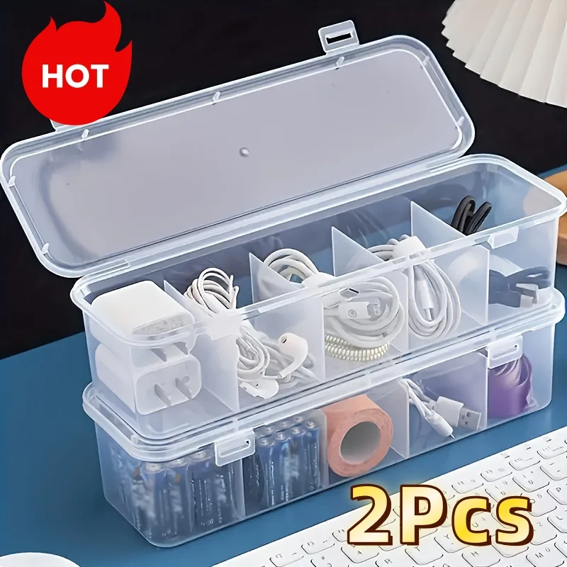 2Pcs Large Cable Management Box with Lid 5 Compartments Durable Plastic Desk Organizer for Home Office Desktop Storage Solution