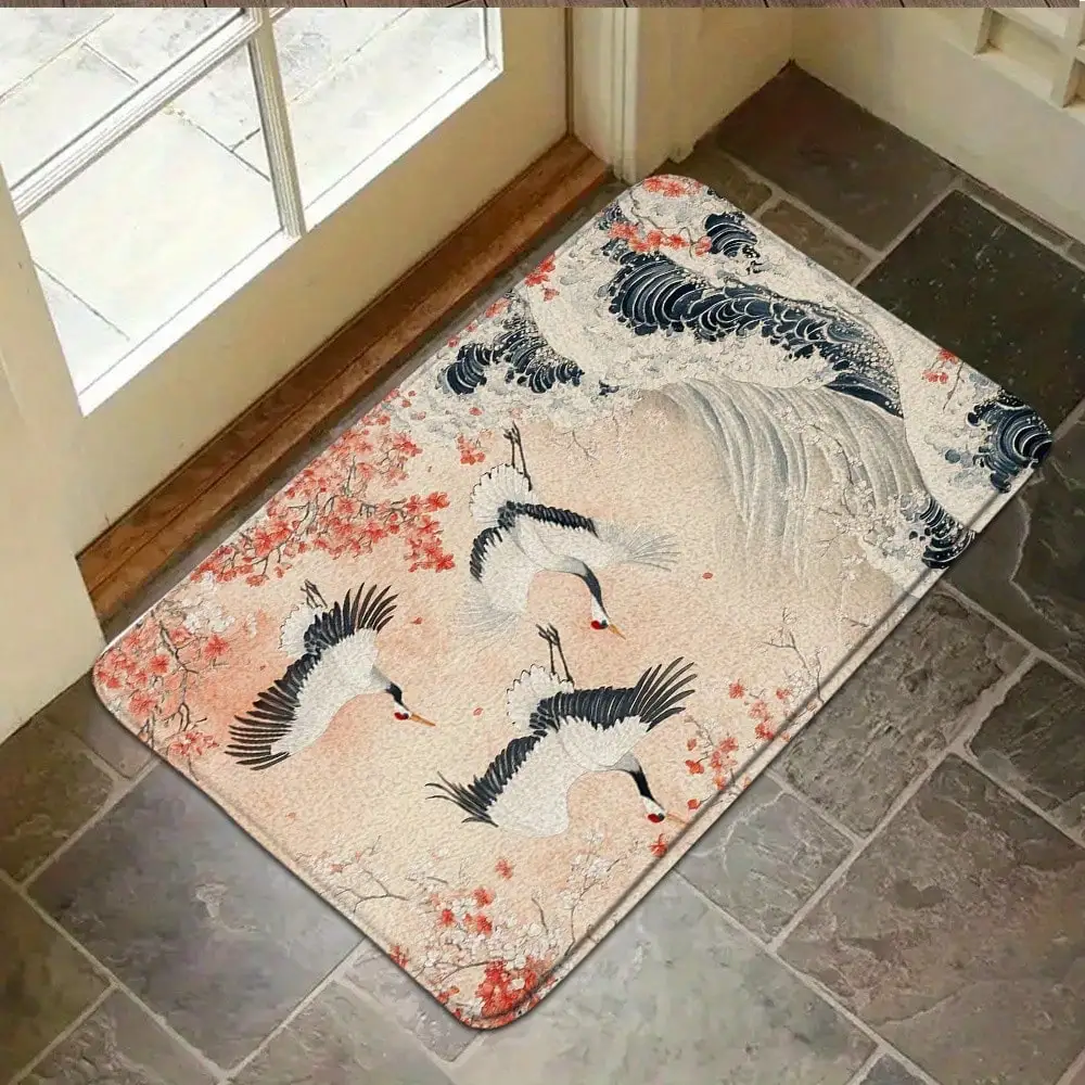 1pc Crane Wave Bath Mat, Three White Cranes Soaring Over Dynamic Waves With Cherry Blossom Background, Inspired By Hokusai's Ukiyo-E Style, 17.72x29.53inch Bath