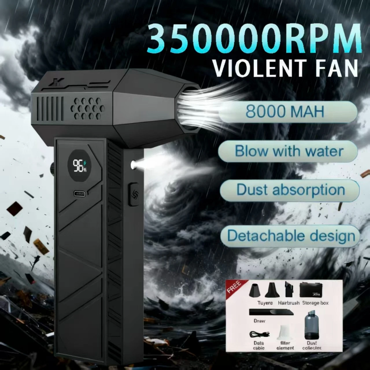 

C6Pro Violent Fan 350000 об/мин Мощный воздуходувка Вакуумный пылесос Type-C Зарядка ветра 58 м/с Бесщеточный турбоструйный вентилятор Сухой