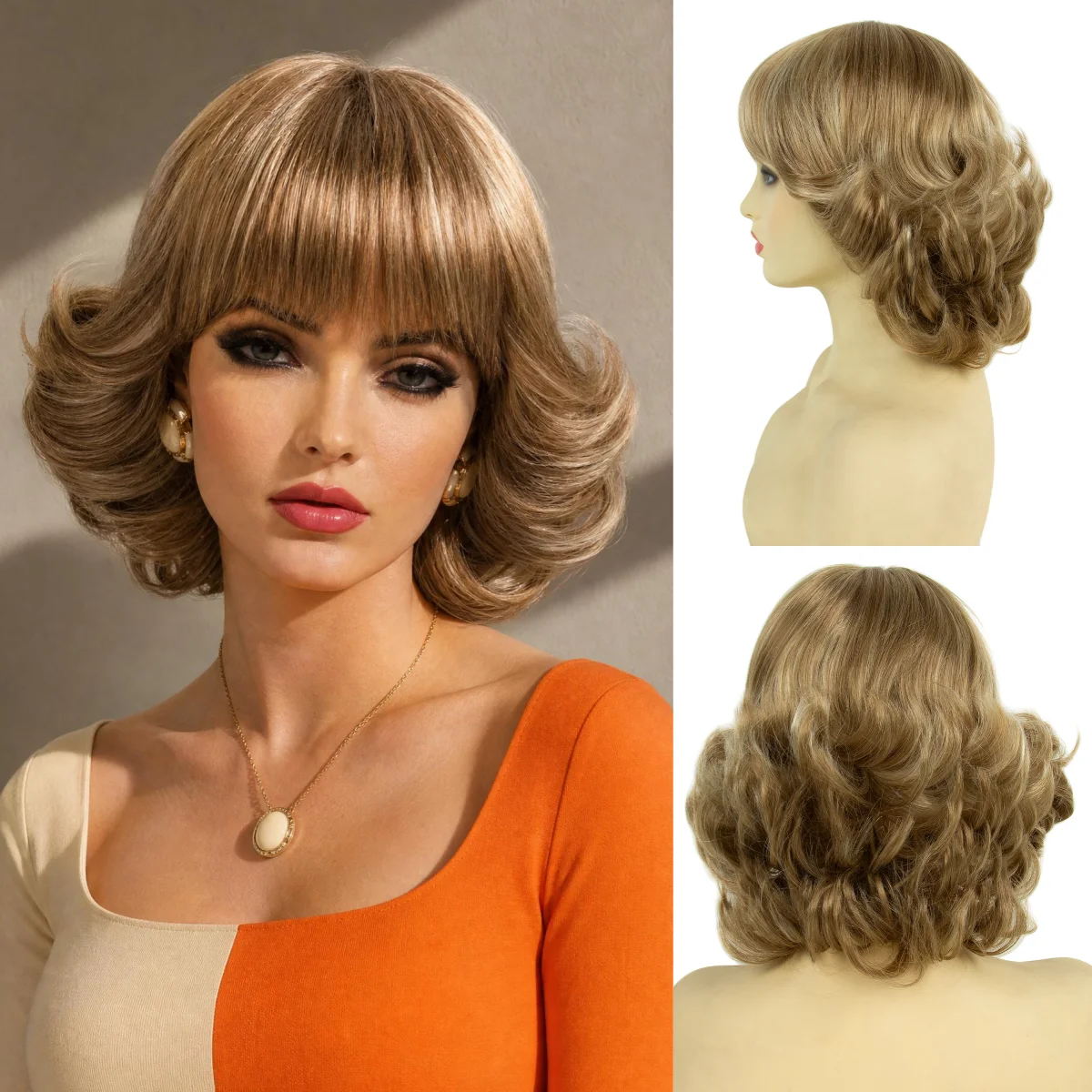 REEWES Blonde Short BoB Flip Wigs with Bang 90s Curly Style Natural Synthetic Hair for Halloween Costum Wig