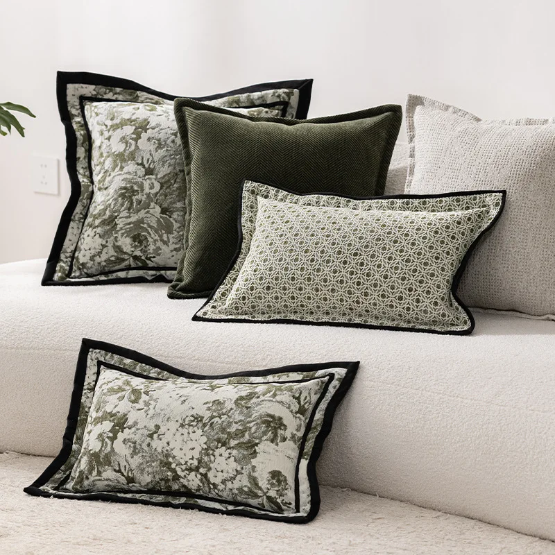 2026 Chinese Retro Green Cushion Cover Chenille Jacquard Sofa Pillow Cover Decorative Spring and Summer Modern Soft Home Decor
