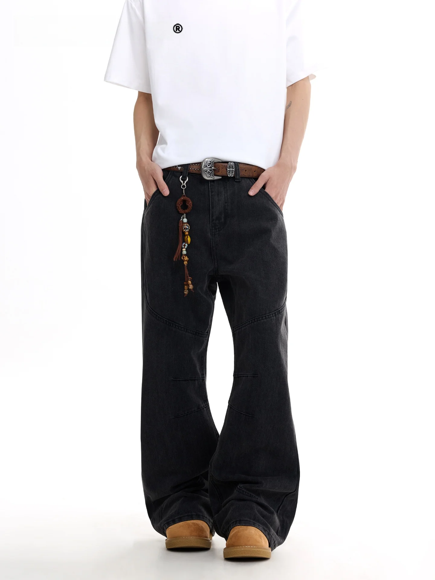 SDMADE American Retro Patchwork Structure Flared Jeans Men's Casual Workwear Long Pants Women's Cotton Polyester Blend