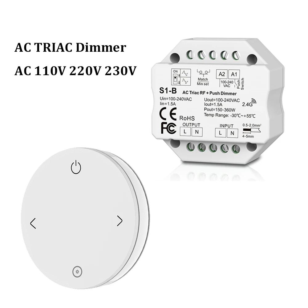 2.4G Wireless AC Triac LED Dimmer Controller 110V 220V 230V Push Switch RF Round Dimming Remote Control for Single Color Lamp