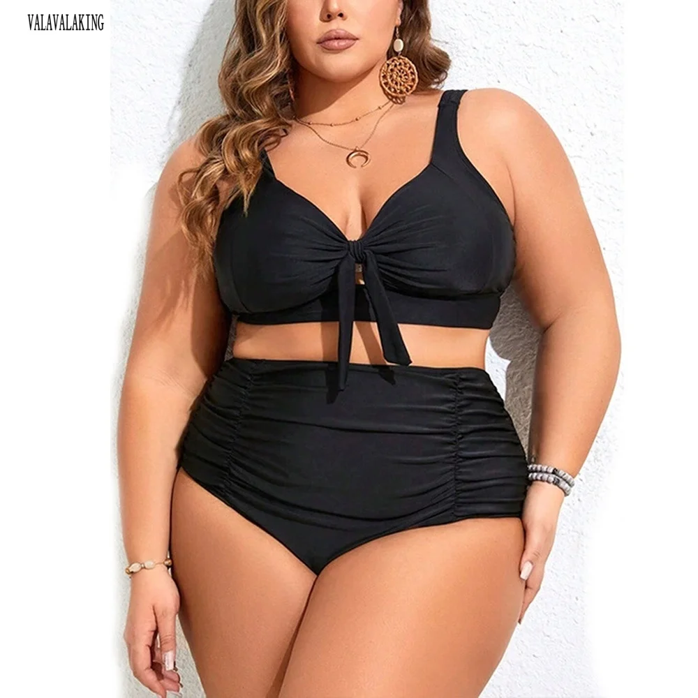 女性用プラスサイズハイウエストビキニセット、レースアップツーピース水着、曲線美を強調するビッグサイズブラジリアン水着、ぽっちゃり女性向け