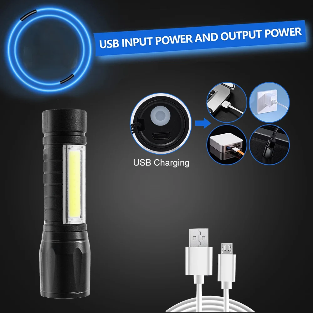 Mini Portable LED Flashlight 3 Modes USB Rechargeable Zoom Torch Light High Power Waterproof Outdoor Camping COB Lamp Lantern