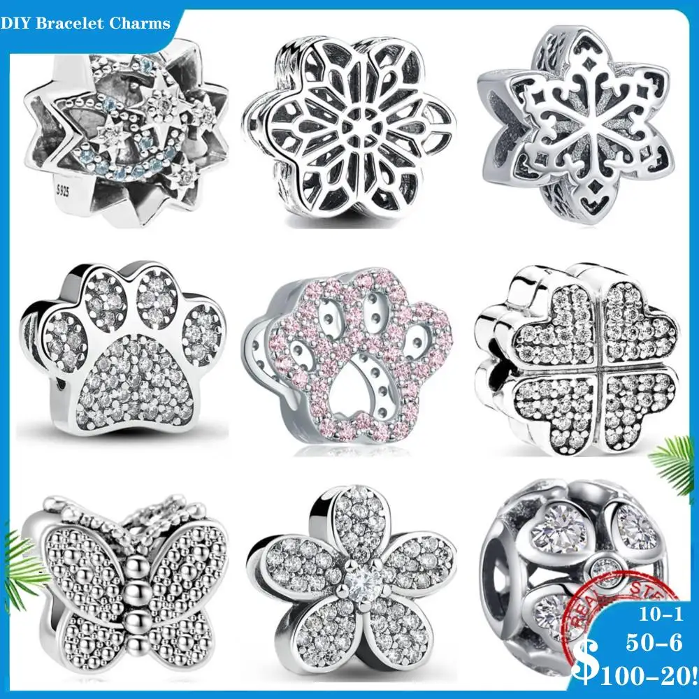 

New Silver 925 Charms Paw Butterfly Flower Pattern Cross Openwork Beads Fit Original Pandora Bracelet Charm Jewelry Gift