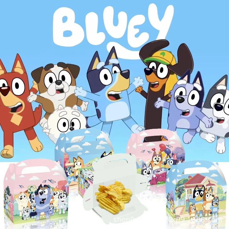 

12pcs New Popular Cute Cartoon Bluey A Bluey Family Birthday Party Gift Candy Cow Horn Box Hand-held Paper Box