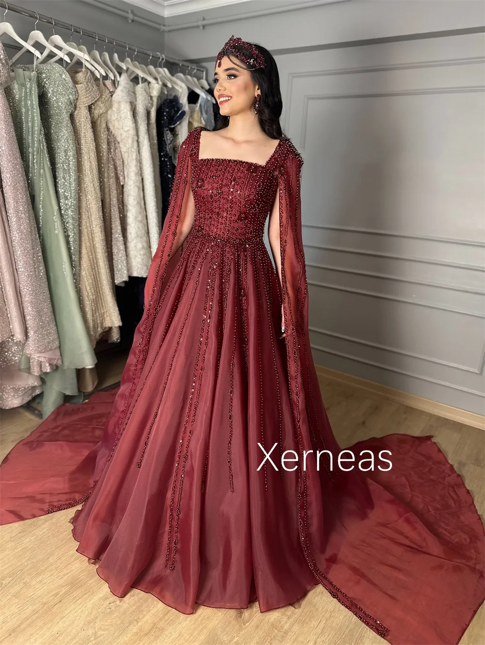 Customized High Quality Organza Pearl Pattern A-line Square Neck Long Dresses Bespoke Occasion Elegant Simple