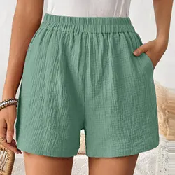 Women's Double Layered Cotton Pleats Shorts Straight Leg Casual Pants High Waist Sports Loose Shorts Fashion Streetwear 2024