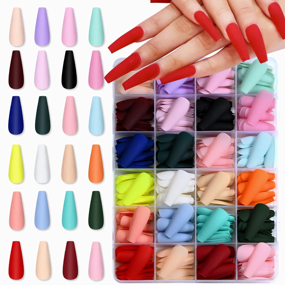 

576 шт./упак. Разноцветные длинные накладные ногти-гробики, матовые, в конфетных тонах, с полным покрытием, акриловые, французские, готовые к носке