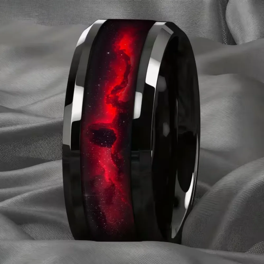 SUNFLOWERZHU Fashion Men Red Planet Black Stainless Steel Rings Women Wedding Band Double Bevel Polished Steel Ring Jewelry