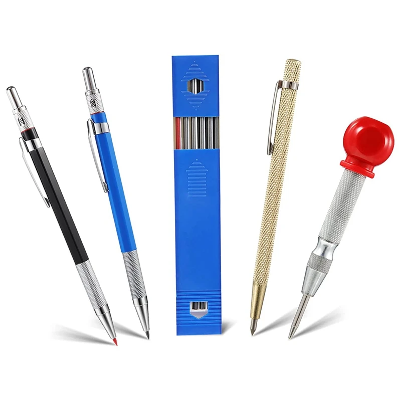 2 PCS Carpenter Pencils With Marker Refills, 1 X Carbide Tip Scribe And 1 X Automatic Center Punch, Carpenter Scriber