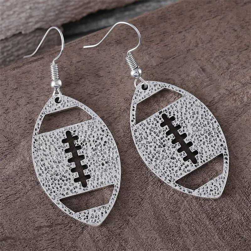 Game Day Attire - Sports Accessories Gift Silvery Dangle Football Earrings for Women - Football Outline Cutout Earring Wholesale