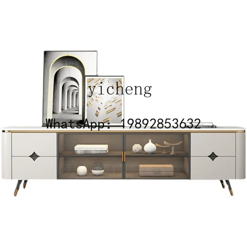 

TT light luxury rock panel TV cabinet living room with lamp tempered glass cabinet door floor cabinet storage