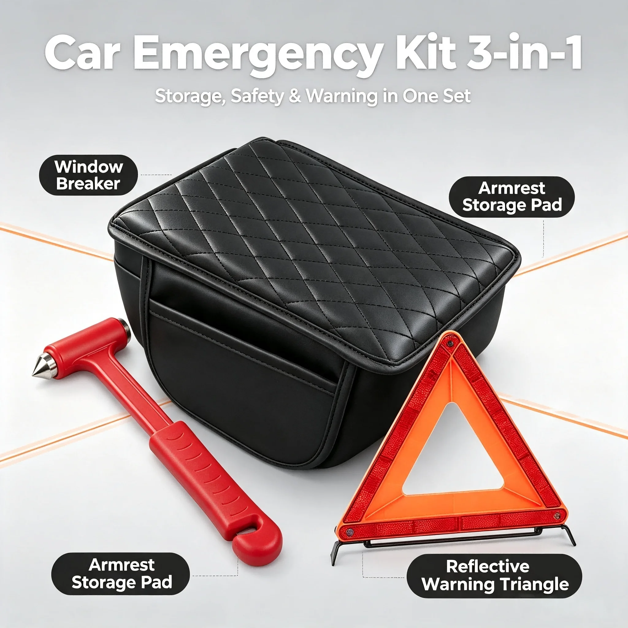 【3-Piece All-in-One Kit】Contains Reflective Warning Triangle, Car Window-Breaking Hammer and Quilted Zipper Storage Pouch, Complete Roadside Breakdown Supplies for Vehicle Use.