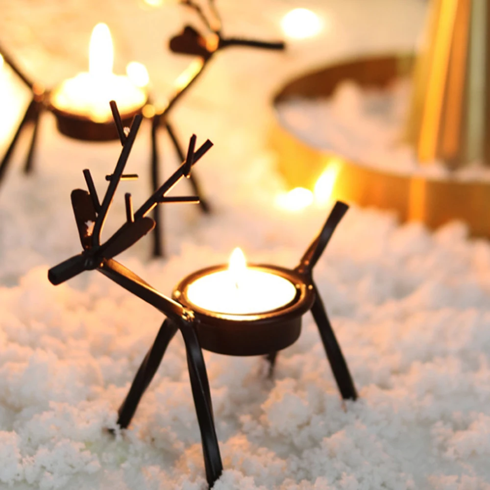 Reindeer Tealight Candle Holders Standing Iron Metal Christmas Embellishment With Black Finish Durable Rust-Proof Holiday Desk