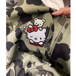 American Camouflage Hello Kitty Embroided Hoodie Women's Autumn and Winter Loose Hooded Jackets Plush Zipper Couple Coat Clothes