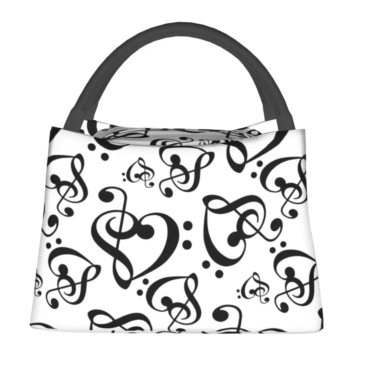 Hearts Music Notes Pattern Lunch Bag Black And White Clef School Lunch Box Funny Print Thermal Tote Handbags Portable Cooler Bag