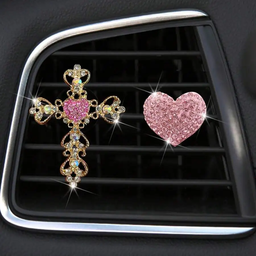 

2pcs Rhinestone Heart & Cross Car Vent Clip Decorations for Interior Styling