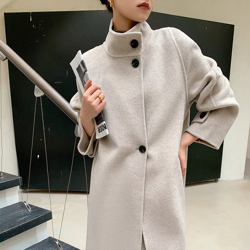 Women's Cashmere Coat Long-style Overcoat With-pockets Button Elegant Temperament Girl Fashion Tops 2024 New