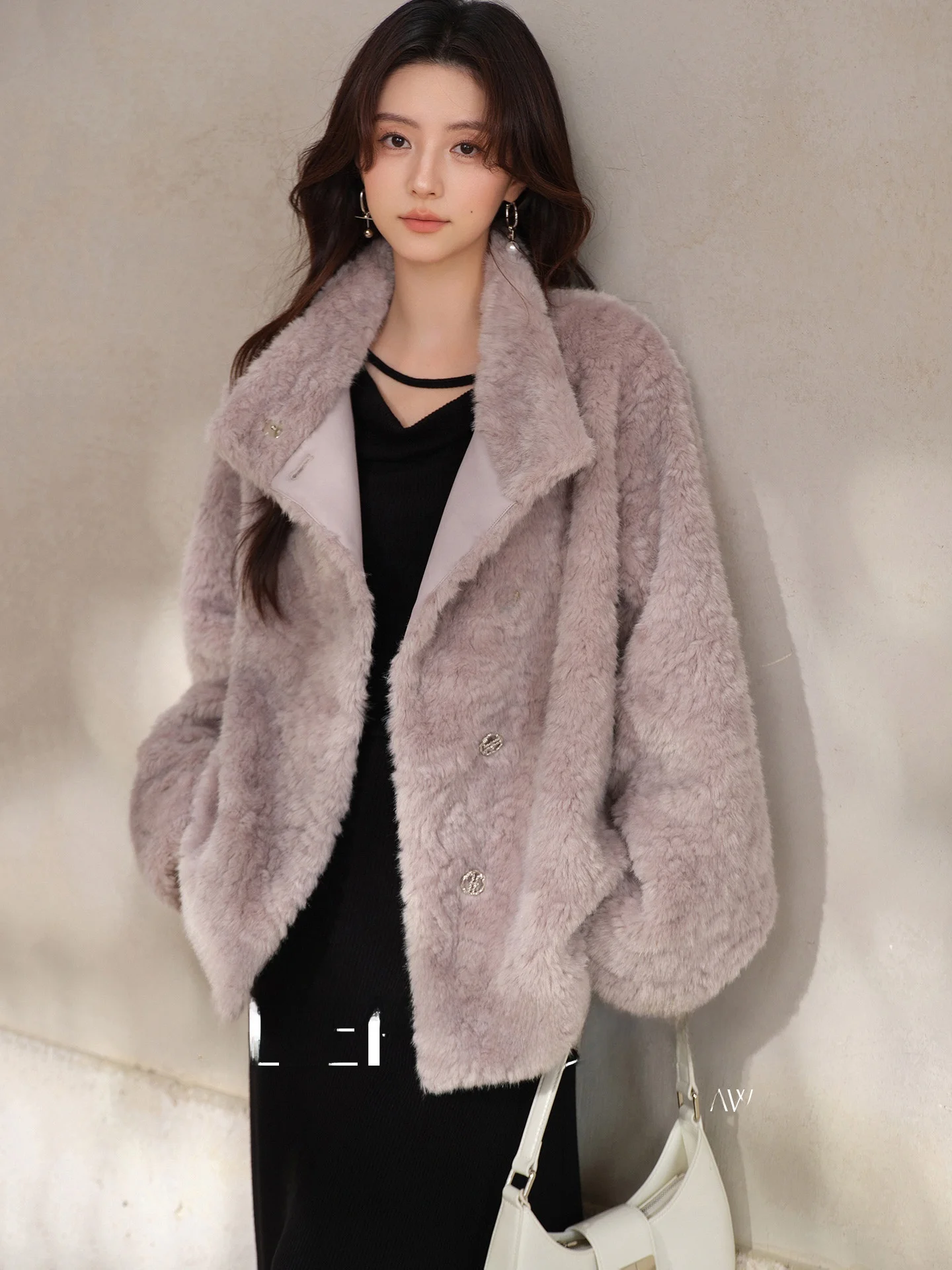 

bunny Purple Eco-Friendly Fur Women's ort Coat Thiened Autumn Winter Warm Stand Collar Jaet Gentle Sle Loose Fit