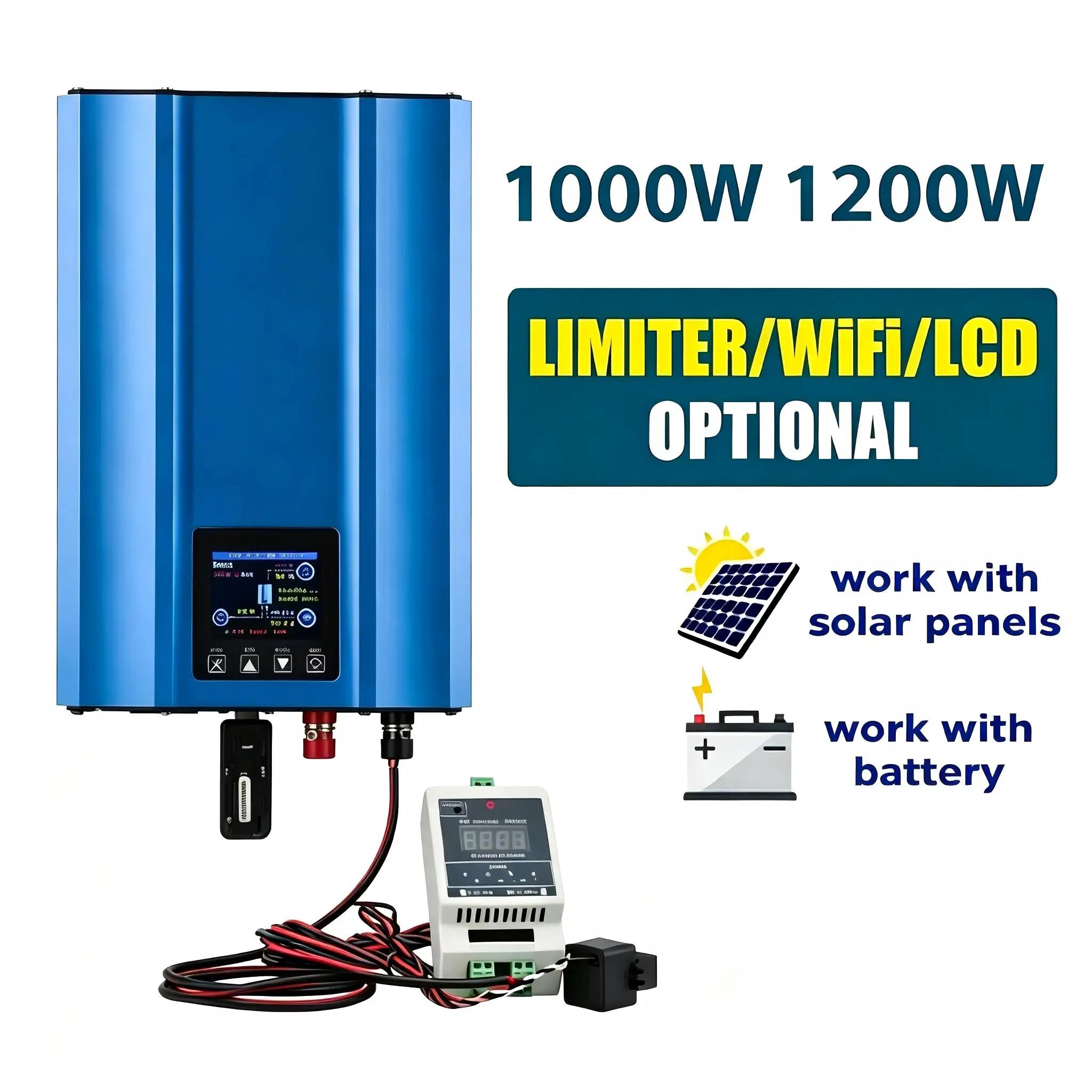 1000W 1200W Grid Solar Micro Inverter with LCD Display MPPT Technology Pure Sine Wave Output Adjustable Battery Power Limiter