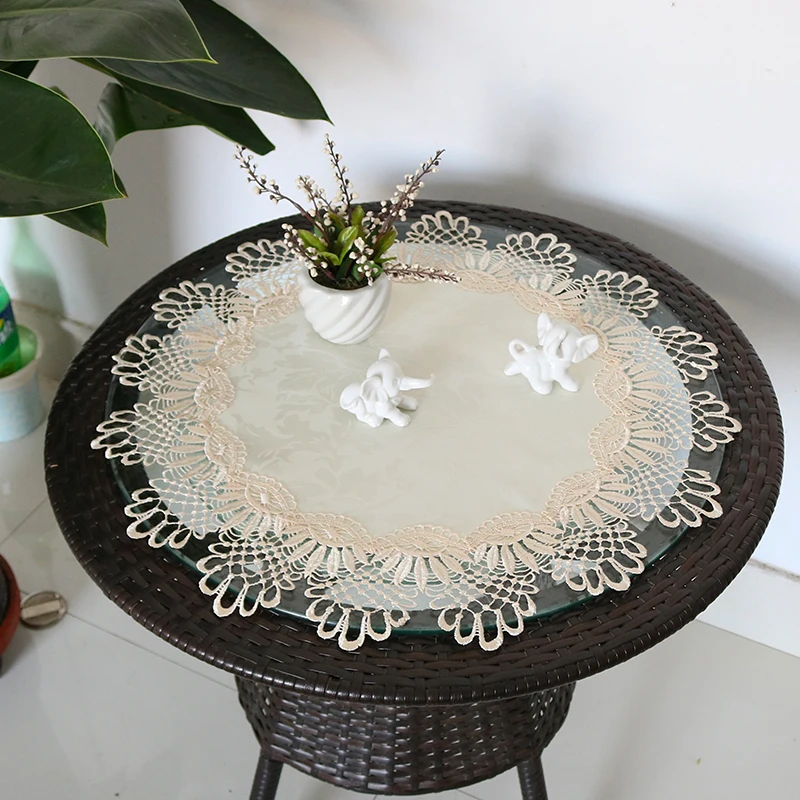 Modern Damask Fabric Embroidered Border Round Tablecloth Tea Wine Set Mat Air Conditioner Oven Furniture Cover Cloth Decoration