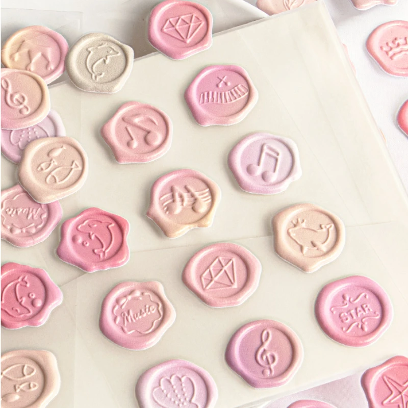 18Pcs Retro Aesthetic Gradient Wax Seal Stamp 3D Sticker Cute Pearlescent Envelope Deco Scrapbook Journal Planner DIY Stickers