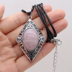 Hot Sale Natural Abalone Shell Pendant Alloy Rhombus Rose Pink Quartz Amethyst Charms for Jewelry Making DIY Necklace Party Gift