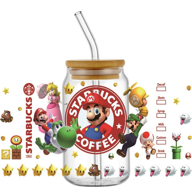 Miniso kreskówka super Mario wzór 16OZ UV DTF folia na kubek naklejki transferowe niestandardowe DIY wodoodporne logo dla Libbey szklana puszka