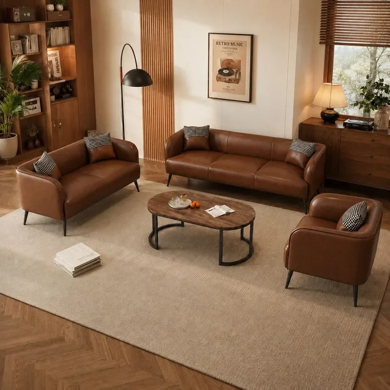 for Oil Wax Leather Sofa Small Apartment Living Room Nordic Simple Double Three Seat Rental Light Luxury Internet Celebrity