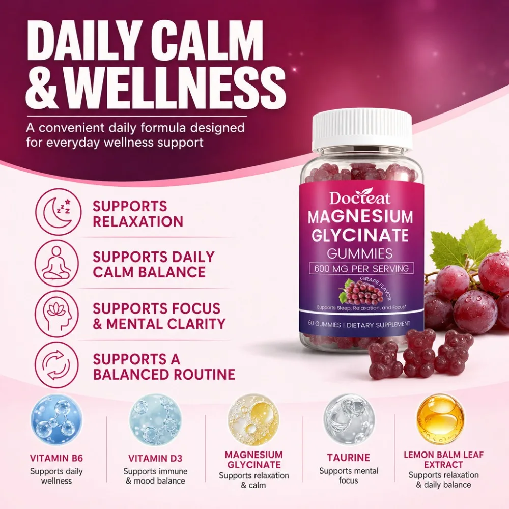 Docteat Magnesium Glycinate Gummies with L-Theanine Taurine and Lemon Balm for Nighttime Relaxation Support Grape 60 Gummies