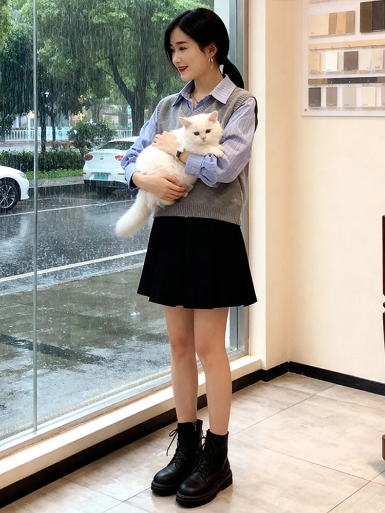 Ele suéter de malha falso de duas peças feminino sle preguiçoso simples emagrecimento topo commute faion mid-Thi longo sve v-ne