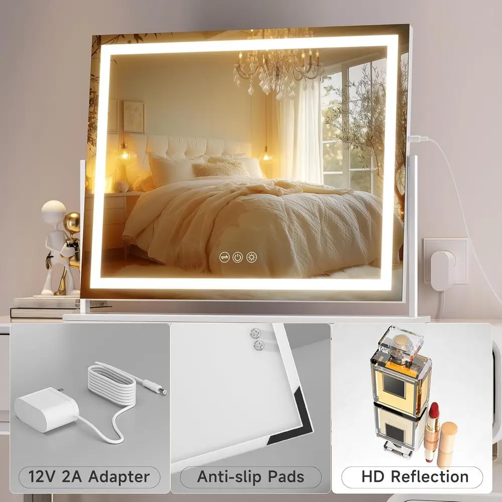 مرآة مكياج مضاءة بإضاءة LED، 23.6 × 18.1، تحكم باللمس، 3 ألوان سطوع قابل للتعديل، 360 درجة ° دوار (أبيض) #6