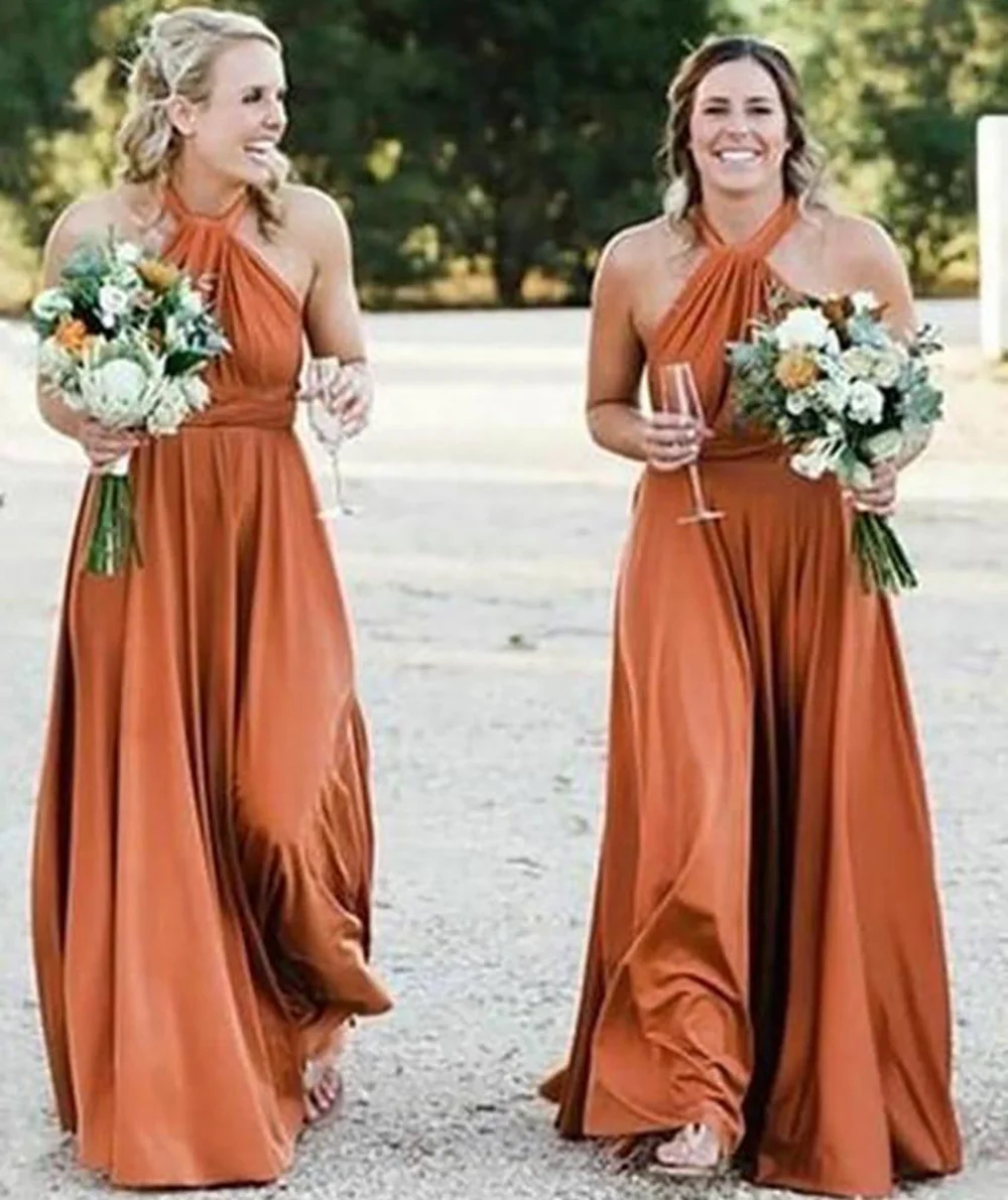 

Halter Rust Bridesmaid Dresses Long Chiffon Skirt Pleated Floor Length Wedding Guest Party Dresses