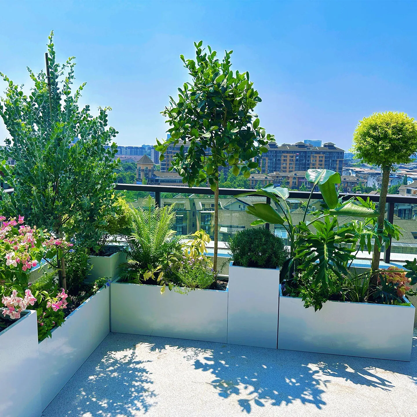 Terras, RVS, bloembak, zitting, combinatie, buiten, bloembed, rechthoek