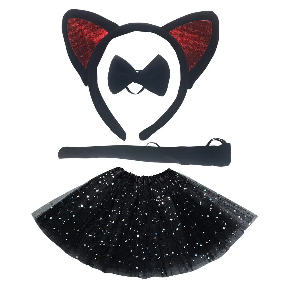 Children Girls Kids Cat Ear Headband Bow Tie Tail Animal Tutu Skirt  Hair Accessories  Headwear  Halloween Costume Cosplay