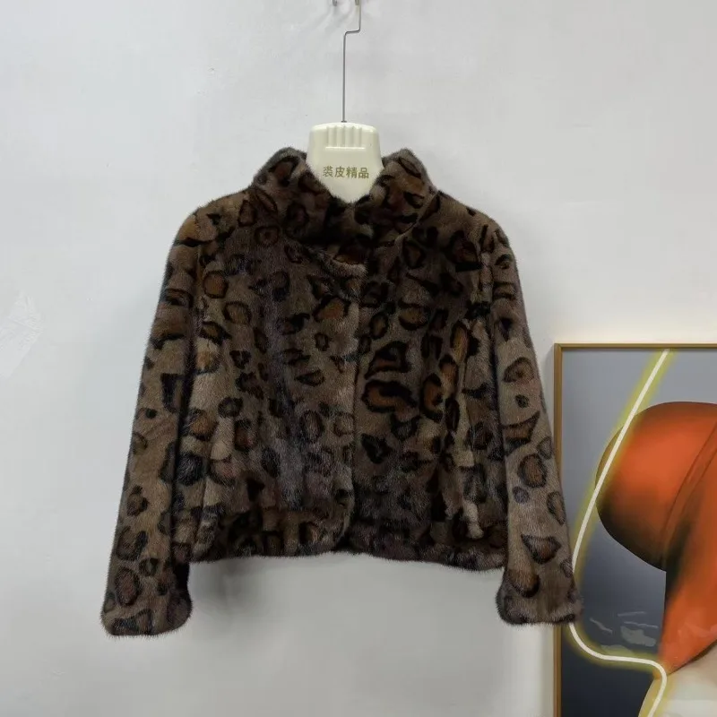 New Fashionable Leopard Print Large Flower Faux Fur One-piece Faux Mink Thickened Fabric Stand-up Collar Short Coat Women’s Wear