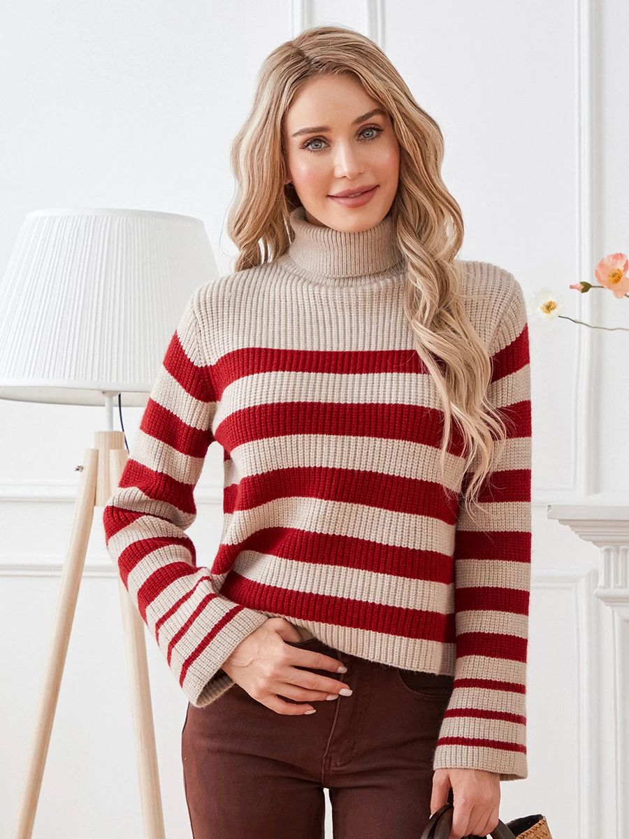 

Women Turtleneck Sweaters Casual Striped Warm Long Sleeve Pullover Basic Knitwear for Fall Winter Warm Streetwear